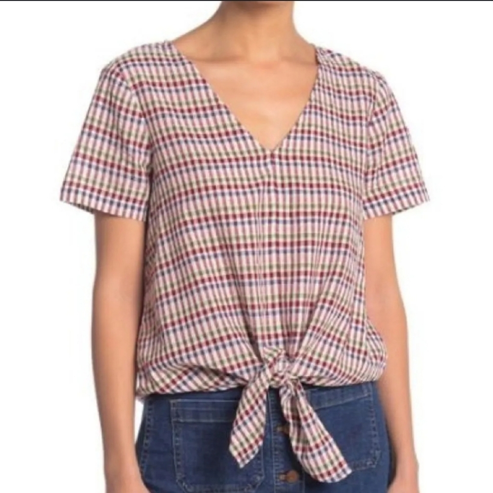 MADEWELL Novel Tie Front Pullover Crop V-neck Multi Color Gingham Top Size-XS